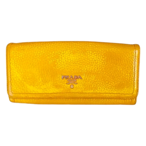 PRADA Mustard Yellow Pebbled Leather Bi Fold Wallet - Picture 1 of 11